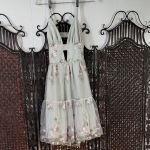 Beautiful Elegant Wedding Party Pale Sage Floral Embroidered Tulle Dress Pink